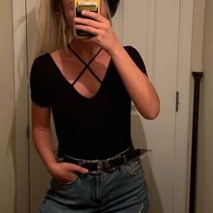Lizard Thicket Tops - Short Sleeve crisscross Bodysuit Lizard Thicket Tops - Short Sleeve crisscross Bodysuit